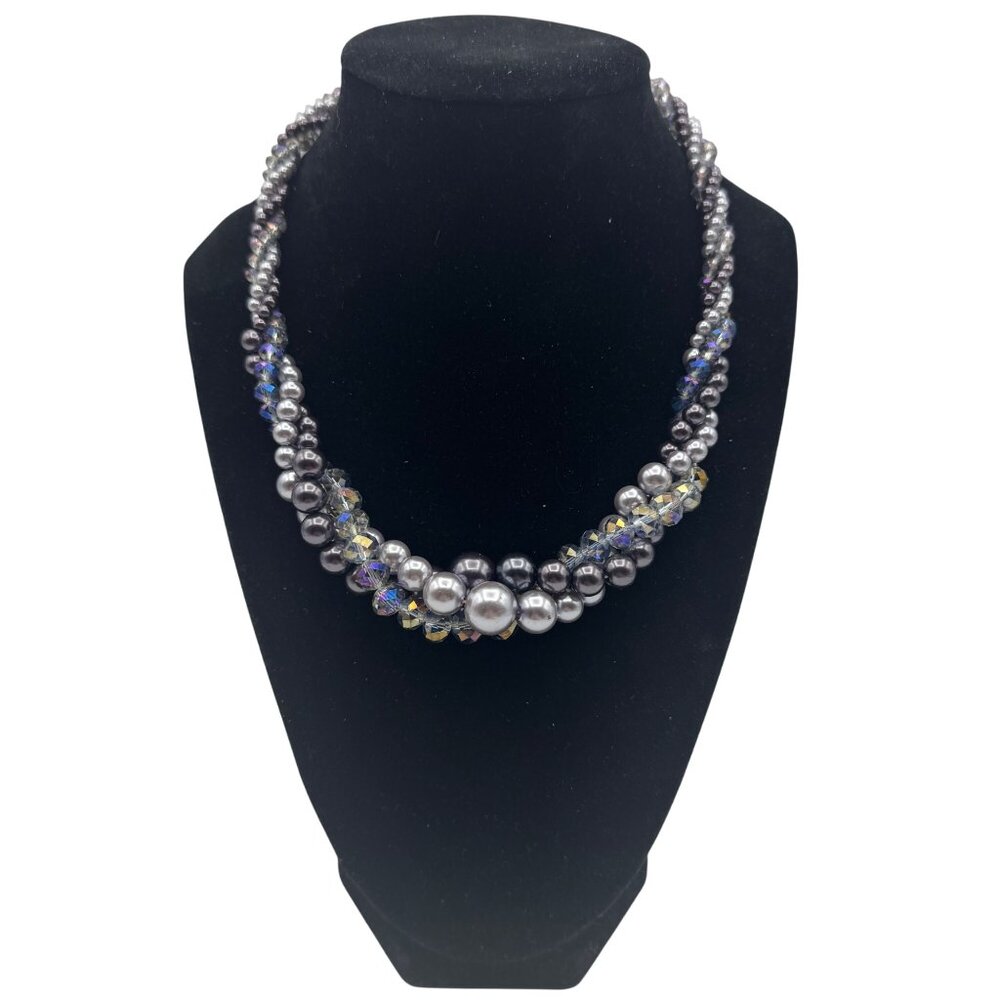 Roman Multi-Strand Purple Faux Pearl & Crystal Bead Necklace